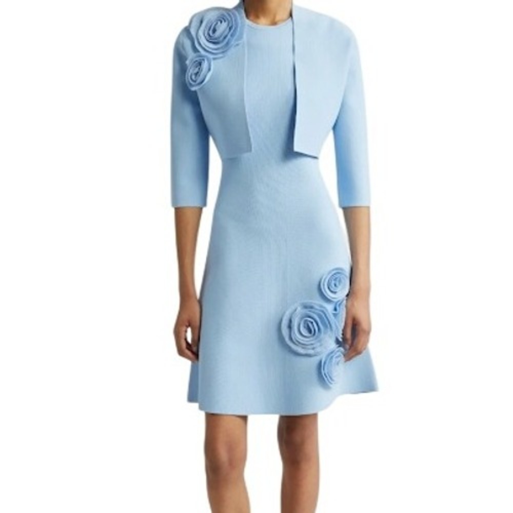 Lela Rose Penelope Rosette Embellished Milano Knit Dress Bolero Jacket Baby Blue
